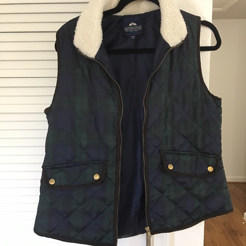 British khaki vest flannel green blue medium women